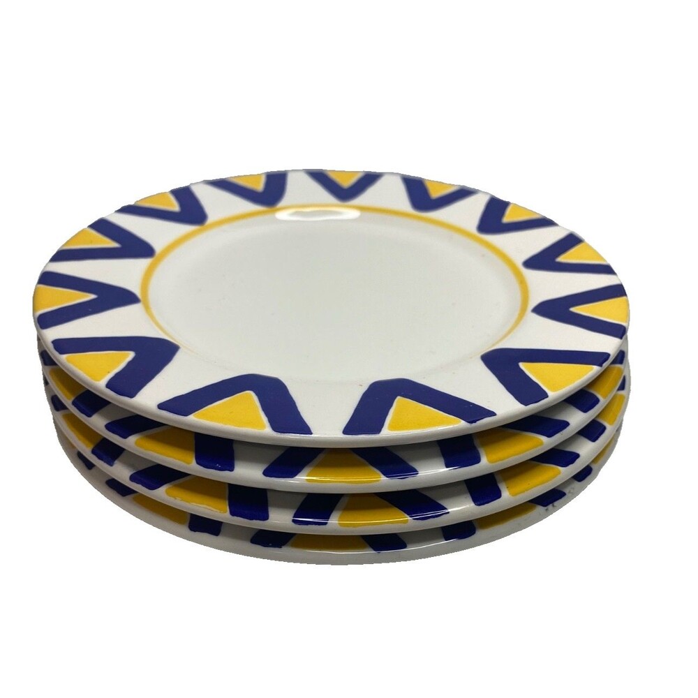 Rare 4 PCs Lillian Vernon Italian Mid-Century Blue Yellow Geometric Salad Plates